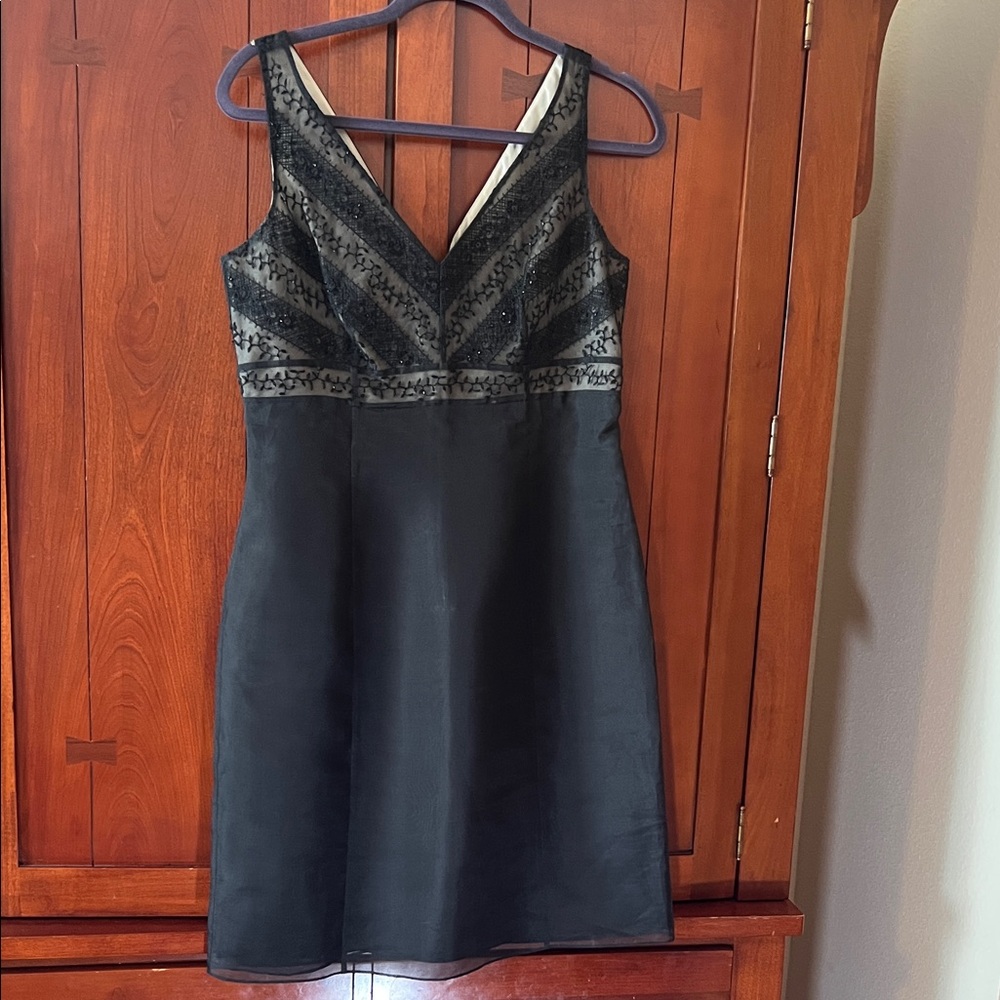Chic Black Sleeveless Ann Taylor Dress with Lace Accents